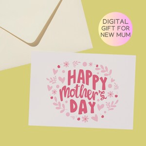 Carte imprimable pour nouvelle maman Carte à téléchargement immédiat pour future maman Carte postale de félicitations Carte de baby shower cerise Motif coeur floral rose 4 x 6