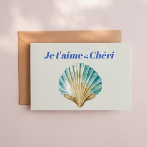 Cartolina francese personalizzata Je T'aime Chéri, biglietto d'amore digitale, biglietto romantico stampabile, biglietto d'auguri Coquette, biglietto d'amore costiero per lui