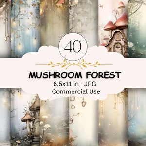 May include: A digital collage of 40 mushroom forest backgrounds. The backgrounds feature whimsical mushroom houses, glowing lights, and a dreamy forest setting. Each background is 8.5x11 inches and is available for commercial use.