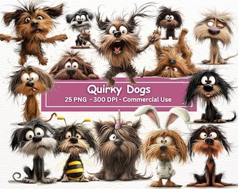 Quirky Dogs Clipart Bundle, 25 PNG Set, Transparent Background, Silly Funny Dog Illustrations, Messy Hair,  Card Making, Sublimation