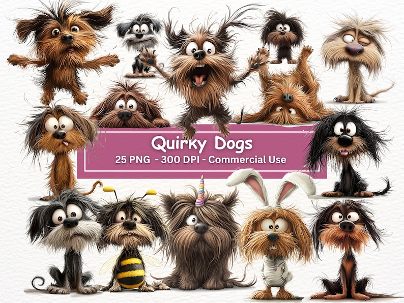 May include: A collection of 25 quirky cartoon dog illustrations in PNG format, 300 DPI, for commercial use. The dogs are depicted in various poses and expressions, with unique features like a unicorn horn, bee wings, and bunny ears.
