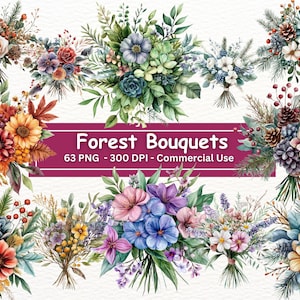 Clipart bouquet forêt, ensemble de 63 PNG, clipart floral numérique, illustrations botaniques pour scrapbooking, fabrication de cartes, faire-part, projets de bricolage