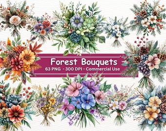 Forest Bouquet Clipart: 63 PNG Floral Illustrations (Digital Download)