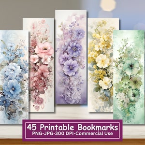 Vintage Floral Pastell Lesezeichen Bundle, Set von 45 PNG/JPG, romantische florale Sublimation, Cricut, Silhouette drucken und schneiden, kommerzielle Nutzung