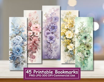 Marque-pages floraux : motifs aquarelle pastel, lot de 45 (téléchargement numérique)