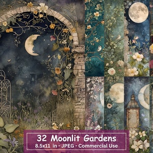 Moonlit Garden Junk Journal Paper Bundle, 32 JPG Set, Floral Fantasy Paper Mixed Media, Scrapbooking, Decoratief Papier, Digitale Download