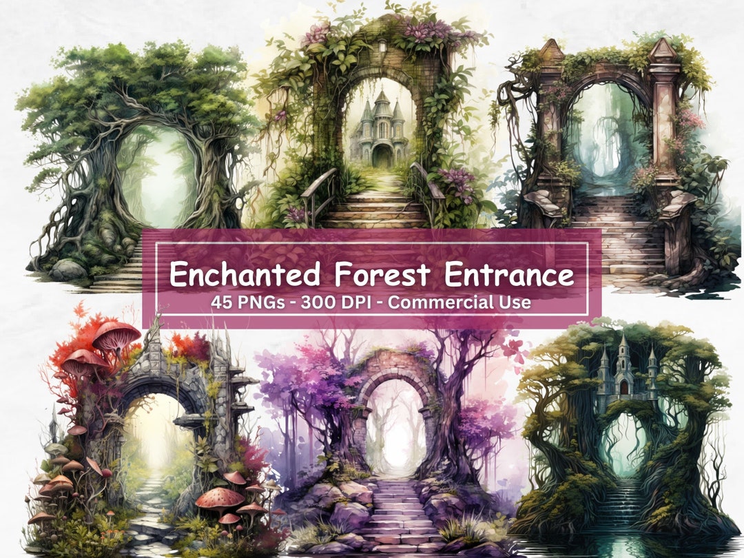 Watercolor Enchanted Forest Entrance Clipart: 45 PNG Set (digital ...