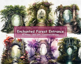 Watercolor Enchanted Forest Entrance Clipart: 45 PNG Set (Digital Download)