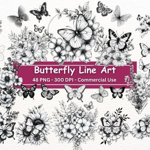 Schmetterling Linie Art Clipart, 48 PNG-Set, schwarze und weiße Schmetterlinge mit Blumen Clip Art, transparenter Hintergrund, digitales Papiermodell