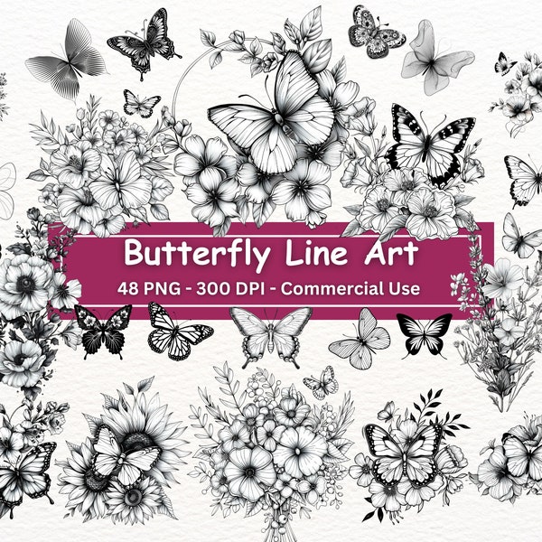 Butterfly Line Art Clipart, 48 PNG Set, Black And White Butterflies With Flowers Clip Art, Transparent Background, Digital Paper Craft