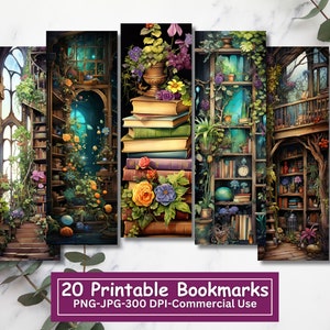 Fantasy Botanical Printable Lesezeichen-Set, Set aus 20 JPG-Blättern sowie einzelnen PNGs, Sublimation, Botanical Academia Lesezeichen-Set