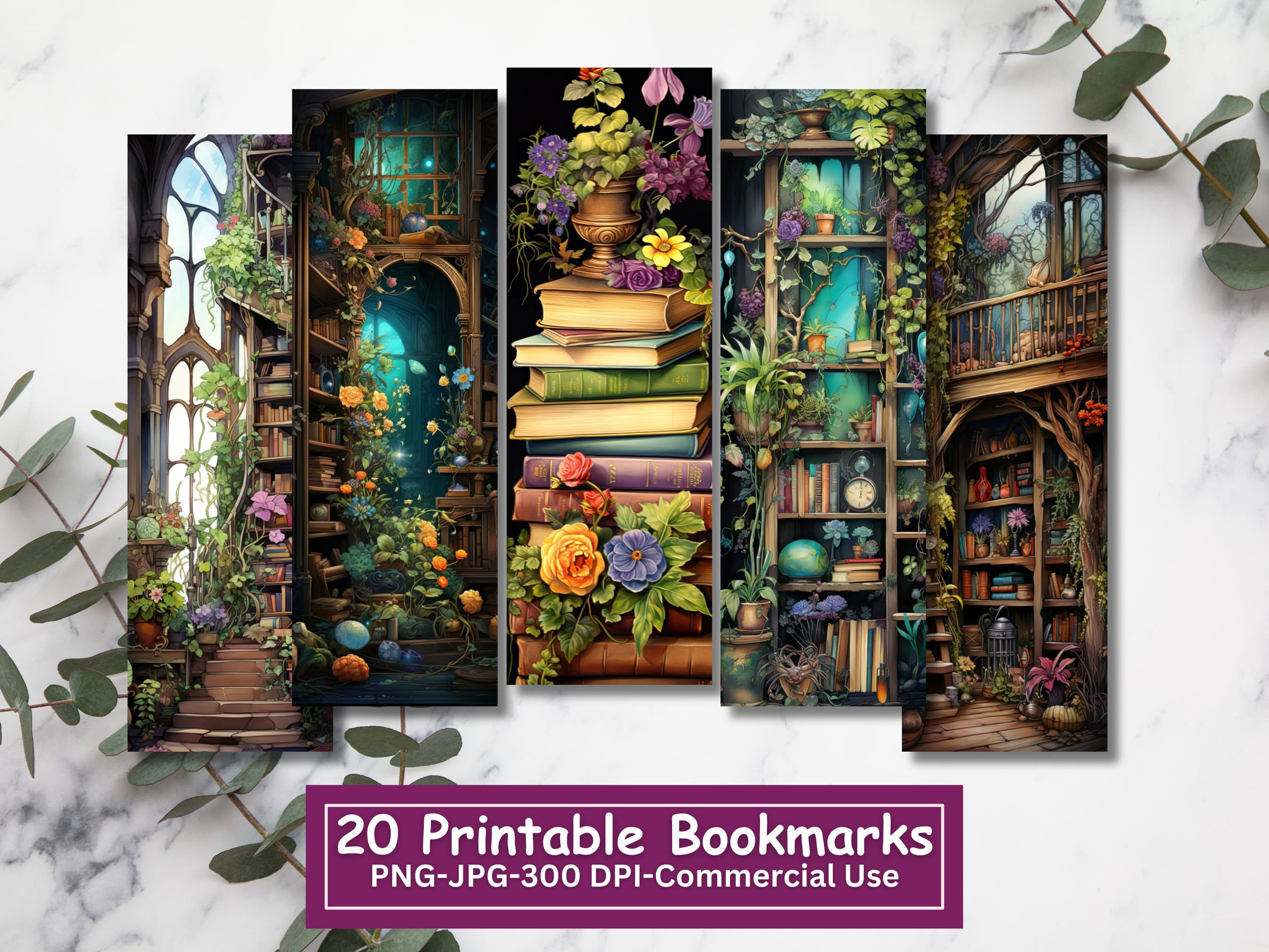 Fantasy Botanical Printable Bookmarks Bundle, Set Of 20 JPG Sheets Plus Individual PNGs, Sublimation, Botanical Academia Bookmark Set