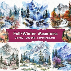 Watercolor Mountain Clipart: Fall/Winter PNG Set (Digital Download)