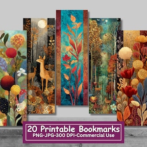 May include: A collection of five vertical bookmarks with nature-themed illustrations. The designs feature deer, trees, flowers, and foliage in shades of orange, red, blue, and gold. Text at the bottom reads "20 Printable Bookmarks".