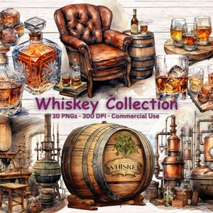 Pacote de clipart de garrafa de vidro de uísque, conjunto de 30 PNG, clipart de bebidas de coquetel em aquarela, uísque, copo de bourbon PNG, uso comercial,