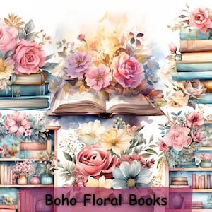 Watercolor Boho Floral Books Clipart, Book Clip Art, Book Bundle PNG, Books Stack, Library Clipart, Book Shelves,  Book Lovers Clipart