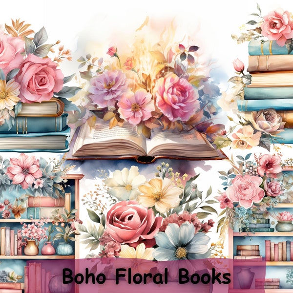 Watercolor Boho Floral Books Clipart, Book Clip Art, Book Bundle PNG, Books Stack, Library Clipart, Book Shelves,  Book Lovers Clipart