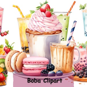 Acuarela Boba Tea Clipart Set, 17 Bubble Tea PNGs, Acuarela Comida Asiática, Lindo Verano Bebidas Clip Art, Licencia Comercial, Sublimación