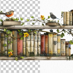 May include: A wooden bookshelf with two shelves, filled with vintage books, decorated with vines, flowers, and birds. The books have worn spines and are arranged in a random order.