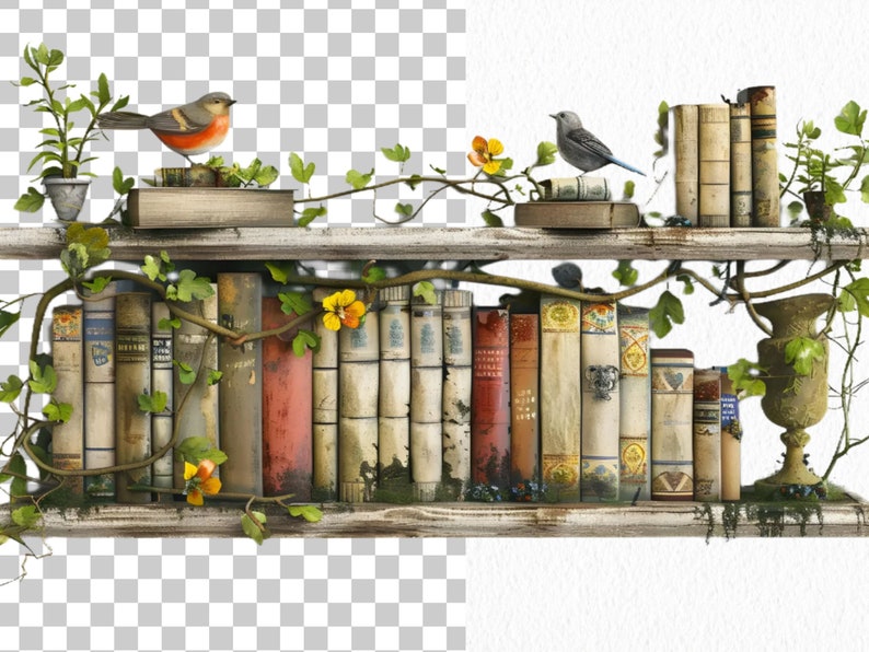 May include: A wooden bookshelf with two shelves, filled with vintage books, decorated with vines, flowers, and birds. The books have worn spines and are arranged in a random order.