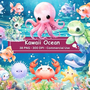 Aquarell Kawaii Ozean Clipart, Set aus 38 PNGs, Unterwasser, Koralle, Fisch, Meerestiere, Oktopus, Qualle, Wal, Delfin, Kommerzielle Nutzung
