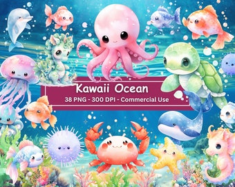 Clipart aquarelle animaux marins : créatures marines PNG ensemble, style kawaii (téléchargement numérique)