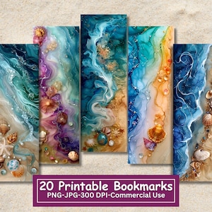 Paquete de marcadores imprimibles de pintura con tinta de alcohol de playa abstracta, conjunto de 20 diseños de marcadores PNG/JPG, verano, océano, conchas, olas, arena