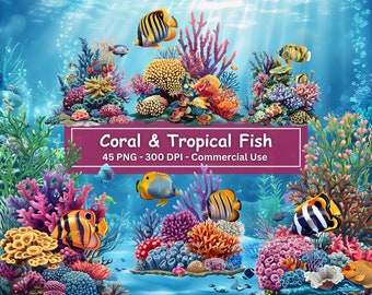 Paquete de imágenes prediseñadas de corales y peces tropicales, conjunto de 45 PNG, telón de fondo del océano, peces coloridos, plantas marinas, imágenes prediseñadas del océano submarino