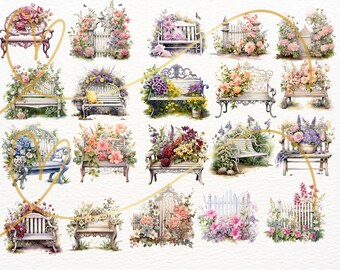 水彩画の花の庭のクリップアート：門、ベンチ、花（40 PNG セット
