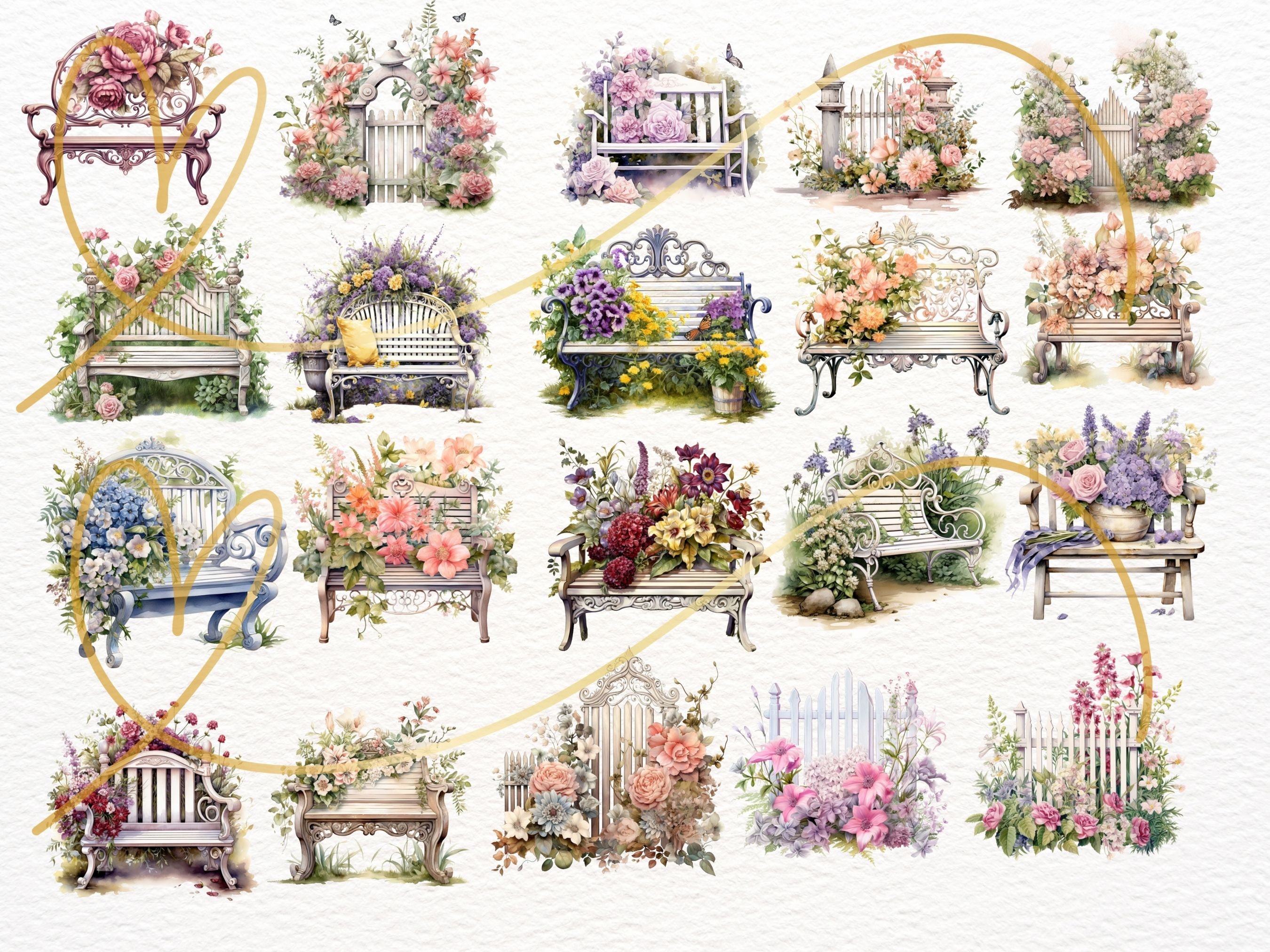 水彩画の花の庭のクリップアート：門、ベンチ、花（40 PNG セット