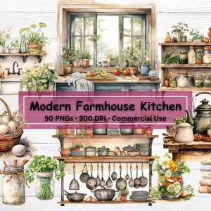 Pacote de clipart de cozinha de fazenda moderna, conjunto PNG de 50, fundo transparente, clipart de culinária rústica em aquarela, uso comercial