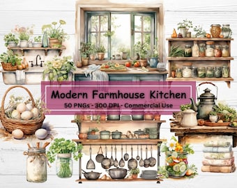 Farmhouse Kitchen Clipart Bundle: Rustic Watercolor PNG Set (Digital Download)