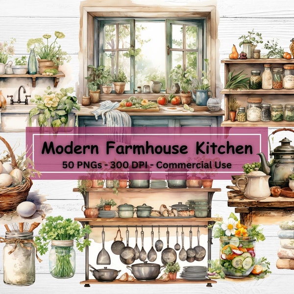 Modern Country Farmhouse Kitchen Clipart Bundle, PNG Set of 50, Transparent Background, Watercolor Rustic Cooking Clip Art, Commercial Use