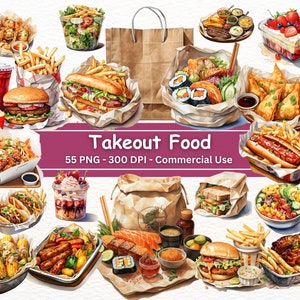 Conjunto de clipart de comida para viagem em aquarela, 55 PNGs, hambúrguer para viagem, batatas fritas, refrigerante, frango, sanduíche para viagem, sushi, tacos, burrito, cachorro-quente,