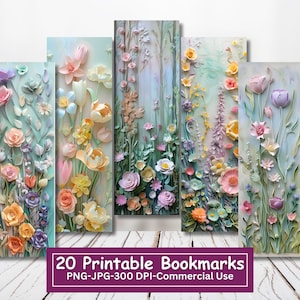 3D-Pastellblumen druckbares Lesezeichen-Bundle, Set mit 20 PNG / JPG-Lesezeichendesigns, Sublimieren, Frühlingsblumendruck und Schnitt, kommerzielle Nutzung
