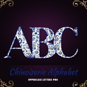 Chinoiserie Doodle Letters Alphabet PNG, Delft Tile Upper Case Alpha Pack, Kintsugi Letters, Digitale Download, Commercieel Gebruik