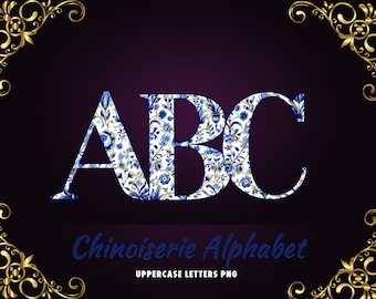 Chinoiserie Doodle Buchstaben Alphabet PNG, Delft Tile Großbuchstaben Alpha Pack, Kintsugi Buchstaben, digitaler Download, kommerzielle Nutzung