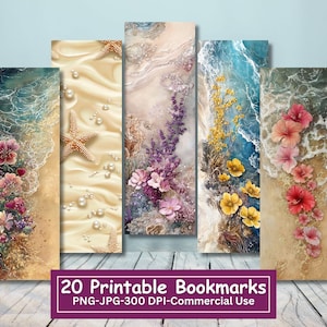 Paquete de marcapáginas imprimibles con diseño floral de playa. Juego de 20 diseños PNG/JPG. Verano, océano, conchas, olas tropicales, arena y estrellas de mar.