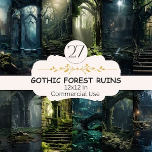 Carta digitale stampabile con rovine di foreste gotiche, sfondo foresta fantasy, sfondo paesaggio scuro, download diario spazzatura, scrapbooking