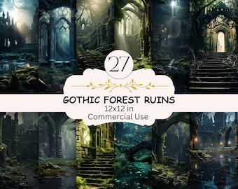 Printable Gothic Forest Ruins Digital Paper, Fantasy Forest Background, Dark Landscape Backdrop, Download Junk Journal, Scrapbooking