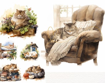 水彩画の怠け猫のクリップアート：窓辺で眠る猫（デジタルダウンロード