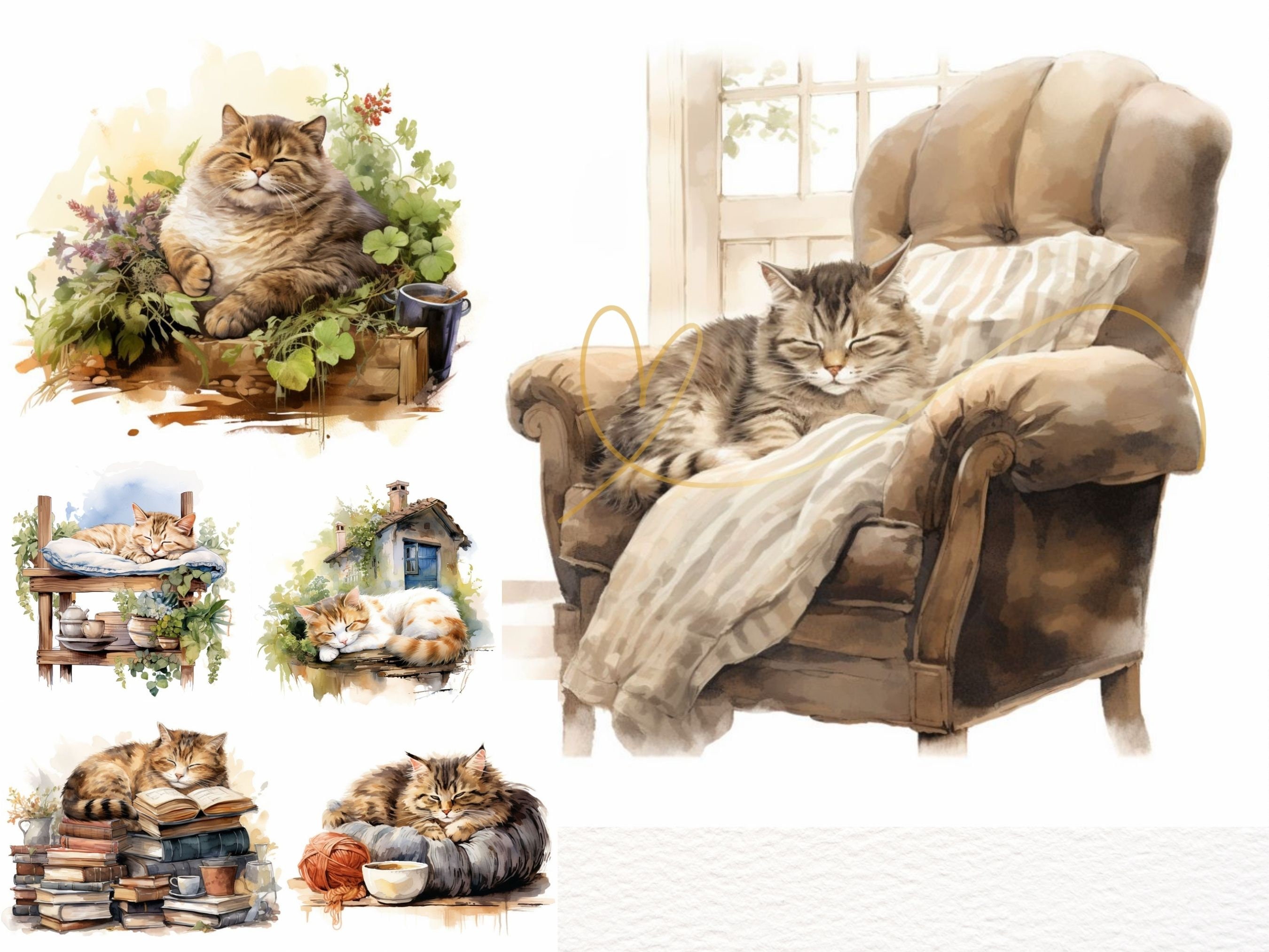 水彩画の怠け猫のクリップアート：窓辺で眠る猫（デジタルダウンロード