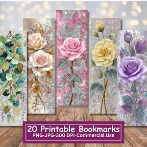 Può includere: Una collezione di 20 segnalibri stampabili con disegni floreali. Ogni segnalibro presenta un fiore diverso, come rose, su uno sfondo glitterato e scintillante. Il testo "20 Printable Bookmarks" è visibile in basso.
