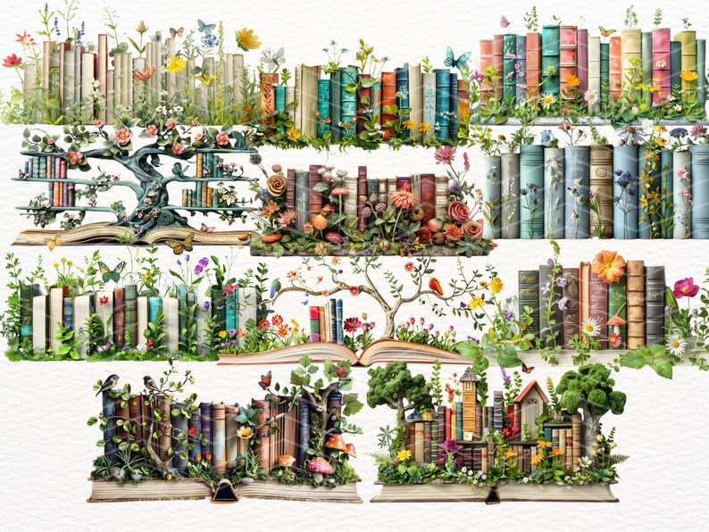 May include: A collage of nine images featuring books, flowers, and greenery. Each image depicts a different arrangement of books, with some featuring open books with flowers growing from the pages. The images are all set against a white background.
