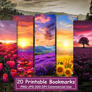 Flower Field Landscapes Printable Bookmarks Bundle, 20 Designs, JPG Bookmark Sheets, PNG Bookmark Sublimation, Print and Cut Bookmark Set