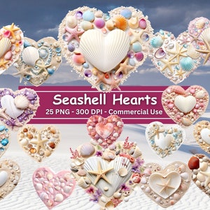 Paquete de imágenes prediseñadas de corazones de concha, conjunto de 25 PNG, olas marinas de acuarela, playa, océano, conchas, arena, vacaciones de verano, uso comercial