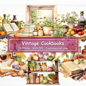 Vintage Cookbook Clipart Bundle, PNG Set of 20, Transparent Background, Watercolor Rustic Cooking Clip Art, Recipe Book, Commercial Use
