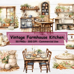Pacote de clipart de cozinha vintage country farmhouse, conjunto de 50 PNG, fundo transparente, clipart de culinária rústica em aquarela, uso comercial