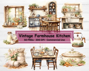 May include: A collection of watercolor illustrations featuring a vintage farmhouse kitchen. The illustrations include a window, a stove, a sink, a table with chairs, a teapot, a casserole dish, a bag of flour, and a bouquet of flowers. The illustrations are perfect for creating farmhouse-themed crafts, scrapbooking, or digital designs.