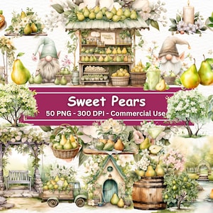 Aquarel peer clipart bundel, PNG set van 50, peren illustraties, rustieke perentaart, kabouter, cake, fruitmand, tuin, commercieel gebruik